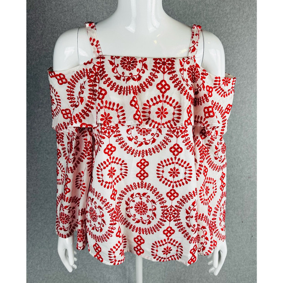 INC International Concepts Womans Sz Small Blouse Embroidered Long Sleeve Red - Picture 6 of 9